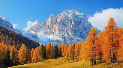 A lush forest of yellow autumn leaves spread out beneath a magnificent mountain range covered in white snow. Autumn scenery of the Alps, Rocky Mountains.