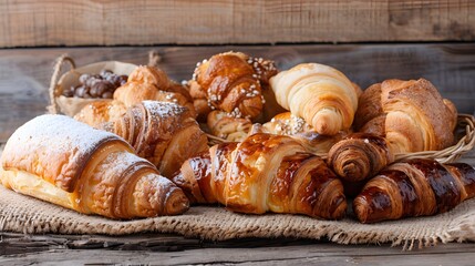 Fototapeta premium Assortment of Freshly Baked Croissants on Rustic Background