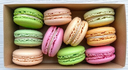 Obraz premium Assortment of colorful macarons in a wooden box
