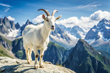 White Goat Perched on Mountaintop with Majestic Peaks in Background