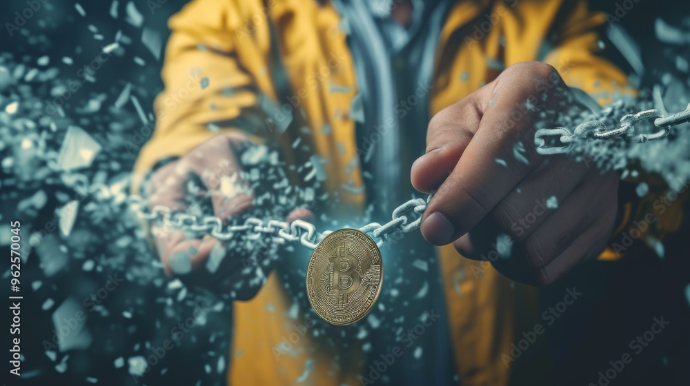 Poster a person in a yellow jacket breaks a chain with a bitcoin symbol, symbolizing the disruption and tra