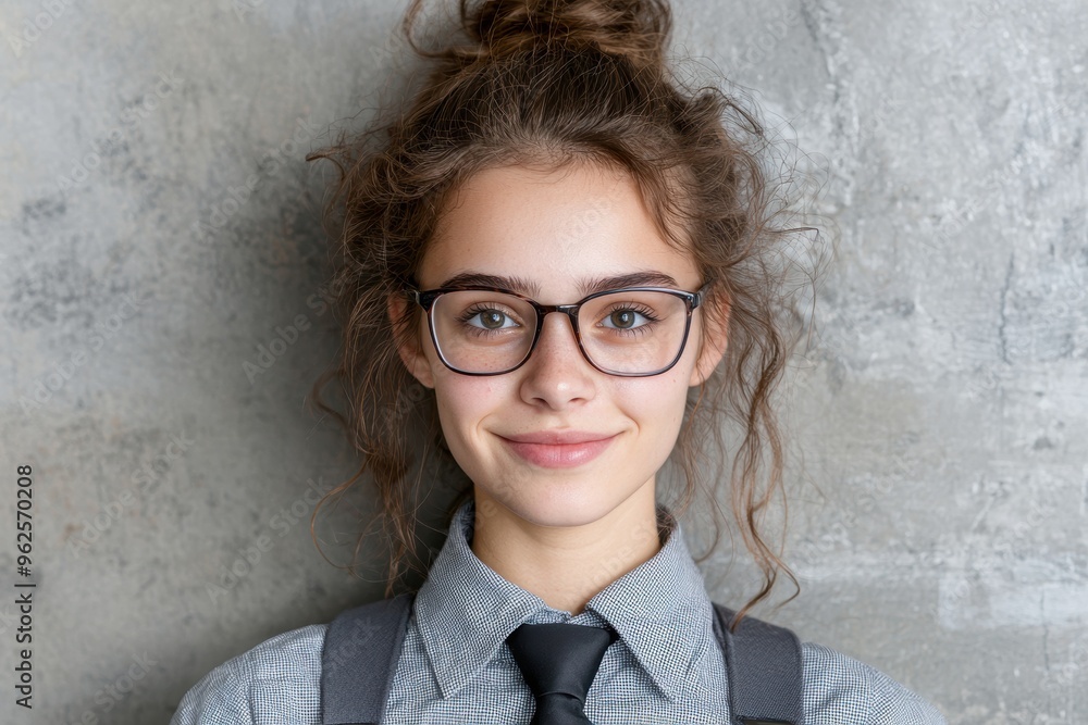 Poster young woman with curly hair and glasses smiling