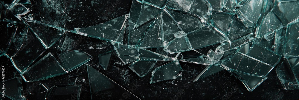 Poster shattered transparent glass creating sharp shards on a dark background with a refined texture overla