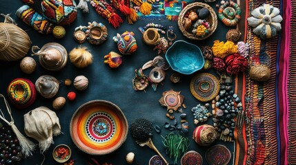 Fototapeta premium Colorful Handmade Woven Textiles and Objects on a Dark Blue Background