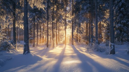 Obraz premium Sunbeams Illuminating a Snow-Covered Forest