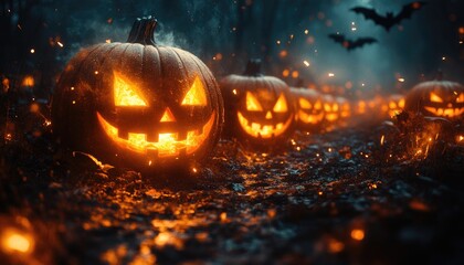 Halloween Jack-o'-Lanterns in a Dark Forest