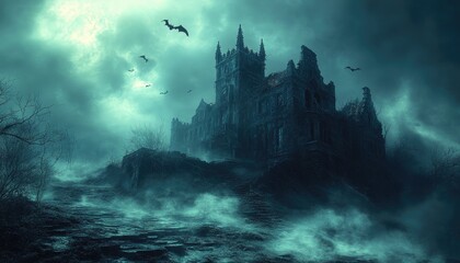 Naklejka premium Haunted Castle in Foggy Night