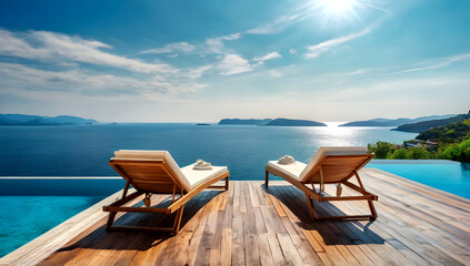 Beachside restaurant with tables and chairs, overlooking the ocean and sand on a sunny summer day