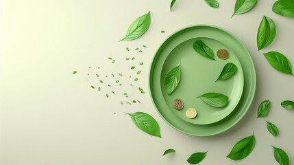Fototapeta premium A minimalistic arrangement featuring a green plate with a few scattered coins and leaves on a beige background. The simplicity and earthy tones create a calm and balanced visual, ideal for themes of