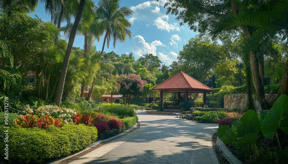 Poster Stone Pathway Through Tropical Garden Leading to Wooden Gazebo