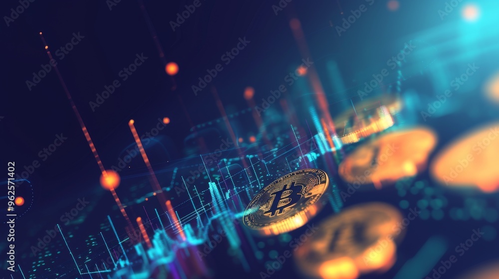 Poster golden bitcoins are interspersed with glowing digital data visualizations, highlighting the intersec
