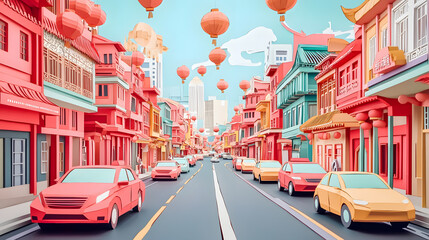 Naklejka premium Chinatown street scene, cars and buses in motion, surrounded by bold red paper cut craft elements.A red-hued paper cut craft city street.