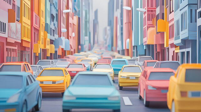 A busy Bangkok city street, packed with cars in a traffic jam, vivid colors and minimal paper cut craft style,.vibrant paper cut craft buildings, cars lined up, all in a minimal and colorful aesthetic - Powered by Adobe