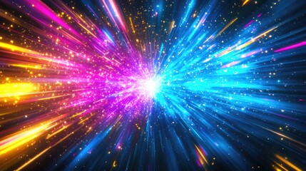 Fototapeta premium Swirling neon light rays mimicking the speed of light in a galaxy explosion, with vibrant blue, pink, yellow, and purple glow on black
