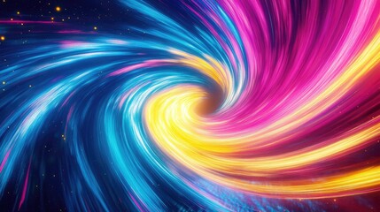 Fototapeta premium Swirling neon light rays mimicking the speed of light in a galaxy explosion, with vibrant blue, pink, yellow, and purple glow on black