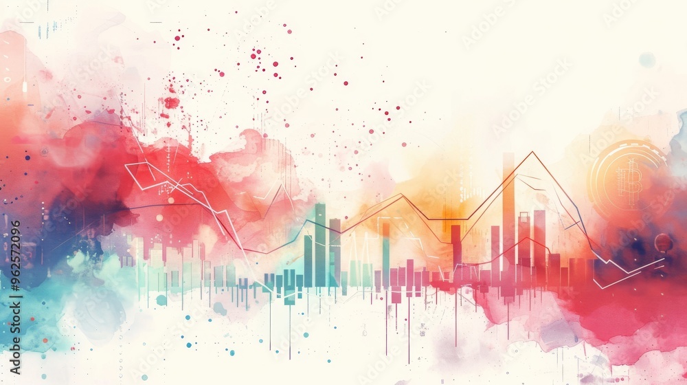 Poster dynamic abstract illustration blending watercolor splashes with bar graphs and data analysis element