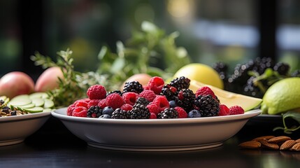 Close up photo of fresh fruit and nuts on plate, healthy food concept   
