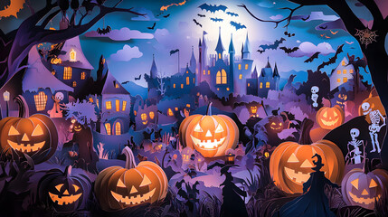Fototapeta premium Fantasy Halloween celebration with spooky pumpkins, a range of costumed characters, a castle, and decorations ghosts, witches, and skeletons, with a clear copy space.paper cut craft style.