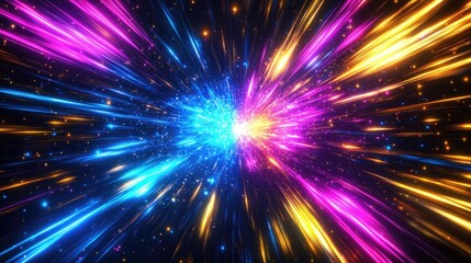 Obraz premium Vibrant neon light rays in a starburst explosion, featuring dynamic blue, pink, yellow, and purple lines in the galaxy against black