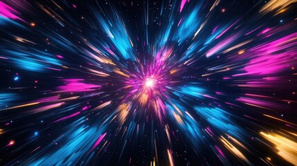 Obraz premium Vibrant neon light rays in a starburst explosion, featuring dynamic blue, pink, yellow, and purple lines in the galaxy against black