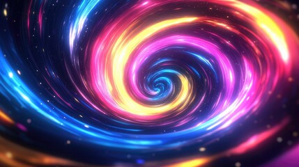 Obraz premium Vibrant spiral neon light rays representing the speed of light in the galaxy, with blue, pink, yellow, and purple glow on black