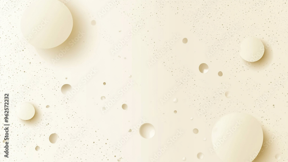 Poster abstract illustration featuring floating spheres and dots on a soft beige background