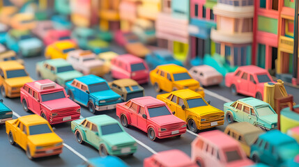 A busy Bangkok city street, packed with cars in a traffic jam, vivid colors and minimal paper cut craft style,.vibrant paper cut craft buildings, cars lined up, all in a minimal and colorful aesthetic