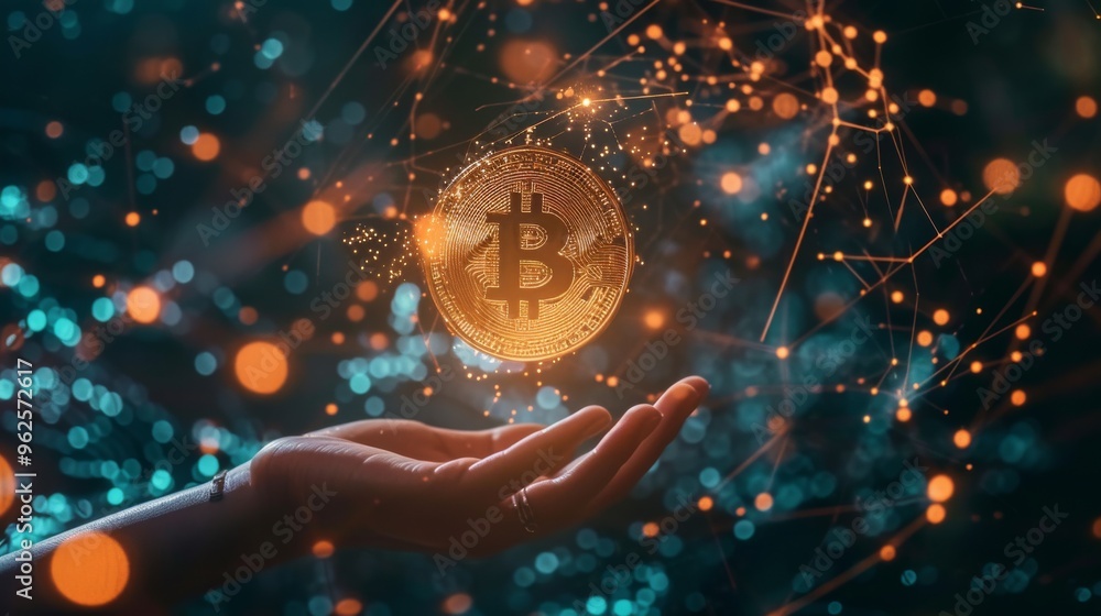 Poster a hand gracefully presenting a bitcoin coin amidst an intricate web of network connections. this vis