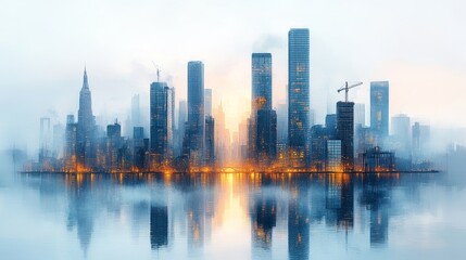 Fototapeta premium Modern city skyline with tall buildings and cranes under construction. It represents the growth of architectural design in urban development. White background and contrast between water reflections