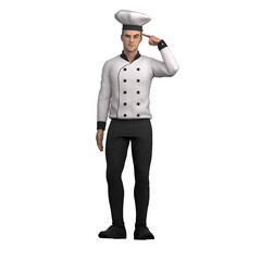 3D Male Chef Character in Action. A male chef is bowing politely, as a sign of respect or appreciation after serving food or receiving compliments from customers. Professional