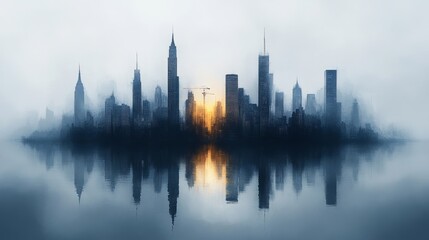 Obraz premium Modern city skyline with tall buildings and cranes under construction. It represents the growth of architectural design in urban development. White background and contrast between water reflections