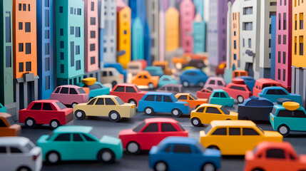 A busy Bangkok city street, packed with cars in a traffic jam, vivid colors and minimal paper cut craft style,.vibrant paper cut craft buildings, cars lined up, all in a minimal and colorful aesthetic