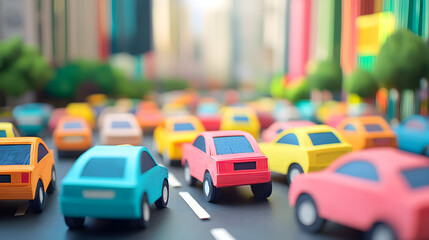 A busy Bangkok city street, packed with cars in a traffic jam, vivid colors and minimal paper cut craft style,.vibrant paper cut craft buildings, cars lined up, all in a minimal and colorful aesthetic