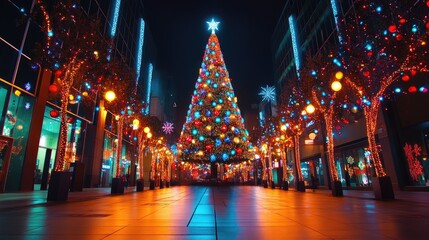 A brightly lit Christmas tree in the city center, surrounded by holiday decorations and joyful celebrations, creating a festive downtown atmosphere