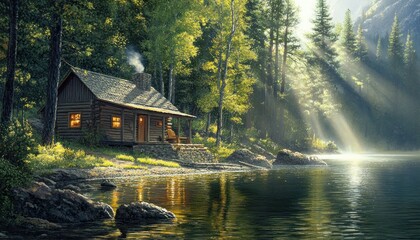 Fototapeta premium A Cozy Cabin Nestled by a Serene Lake in a Sun-Dappled Forest