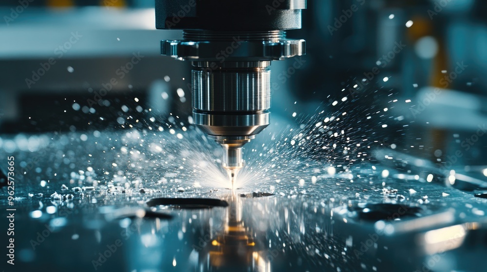 Poster a cnc milling machine at work, cutting through material with precision, showcasing advanced technolo