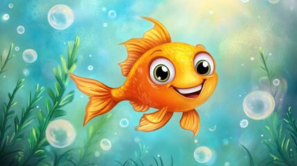 Fototapeta premium A cute cartoon fish with a big smile, surrounded by bubbles and aquatic plants, swimming in a bright, playful ocean world