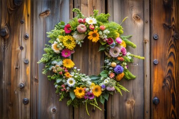 Fototapeta premium A beautiful floral wreath on rustic wooden door with vibrant and colorful blooms