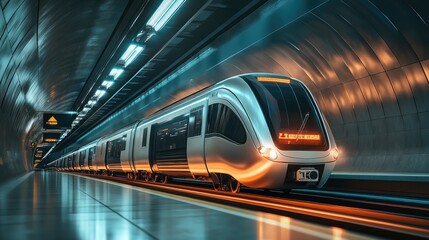 Obraz premium A futuristic subway train pulls into a modern station, symbolizing innovation and progress in public transportation systems
