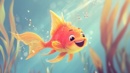 A happy, animated cartoon fish with exaggerated fins and a playful grin, floating in a bright, cheerful underwater environment