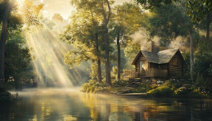 Fototapeta premium A Rustic Cabin by a Foggy River at Sunrise