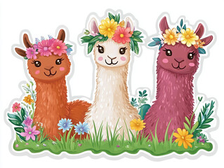 Naklejka premium llamas cute animals colorful flowers floral designs cartoon llamas animal illustration fun graphics llama art children’s art nature scene