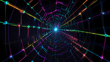 Abstract illustration of a spider web with neon threads stretching in various directions