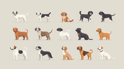 Set of Dogs in Different Breeds Showing Front and Back Views, Featuring Cute Domestic Animals Ideal for Home Pets, Presented in a Flat Vector Style for a Zoo Shop or Vet Clinic Poster