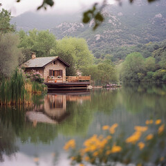 Obraz premium A small house sits on a dock by a lake. The water is calm and the surrounding area is lush and green