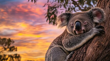 Naklejka premium Koala resting in a eucalyptus tree at sunset, with vibrant colors filling the sky, wildlife photography, the calm at the end of the day