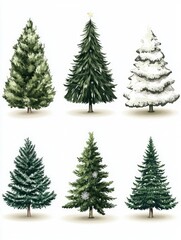 Obraz premium Six Christmas Trees in Different Styles and Types on a Plain White Background, Featuring High-Quality Designs in Neutral Tones
