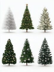Obraz premium Six Christmas Trees in Different Styles and Types on a Plain White Background, Featuring High-Quality Designs in Neutral Tones