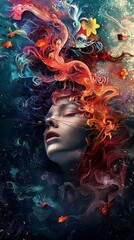 Fototapeta premium Cosmic Dreams: A woman's serene profile blends with a vibrant, abstract cosmos, her mind teeming with colorful life in this imaginative portrait.