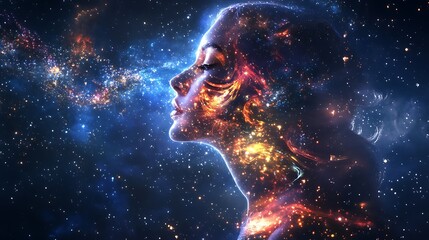 Sparkling Woman - Surreal Profile Design with Glowing Crystals and Ethereal Patterns on Starry Night Sky Background